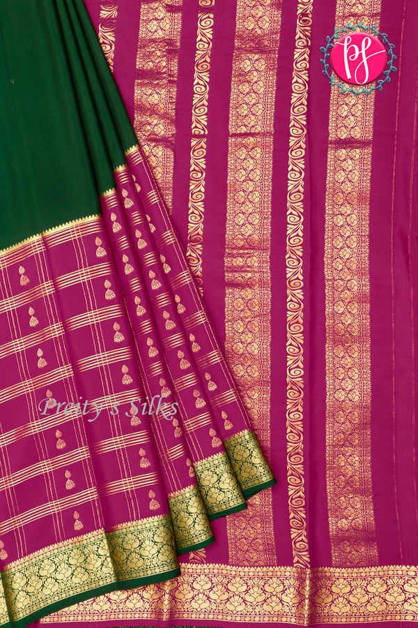 Pure Mysore Crepe Silk Saree-Bottlegreen And Mejentapink-PA46832