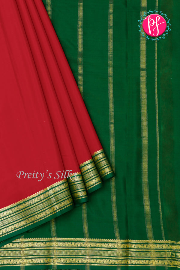 Pure Mysore Crepe Silk Saree-CrimsonRed And Bottlegreen-PA28981