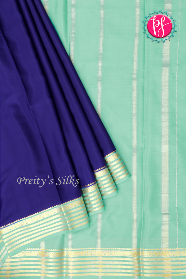 Pure Mysore Crepe Silk Saree-Navyblue And Pale Mint-PA28717
