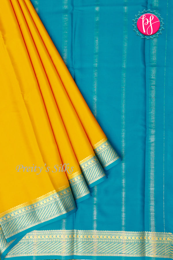 Pure Mysore Crepe Silk Saree-Yellow And Tealblue-PA22436