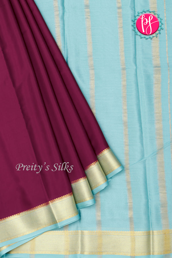 Pure Mysore Crepe Silk Saree-Deep Marron And Iceblue-PA22316