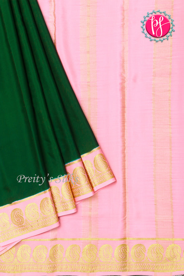 Pure Mysore Crepe Silk Saree-Bottlegreen And Lightpink-PA20648