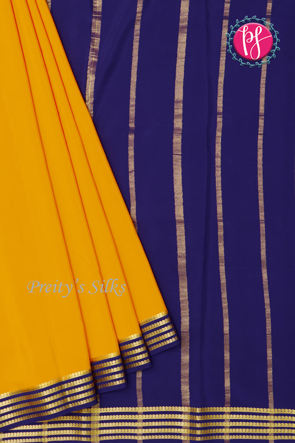 Pure Mysore Crepe Silk Saree-Mustardyellow And Navyblue-PA19960