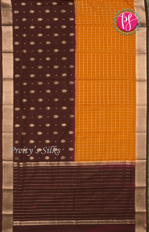 Pure Mysore Crepe Silk saree-Half And Half Pattern-Orange And Chocolatebrown-PF60734