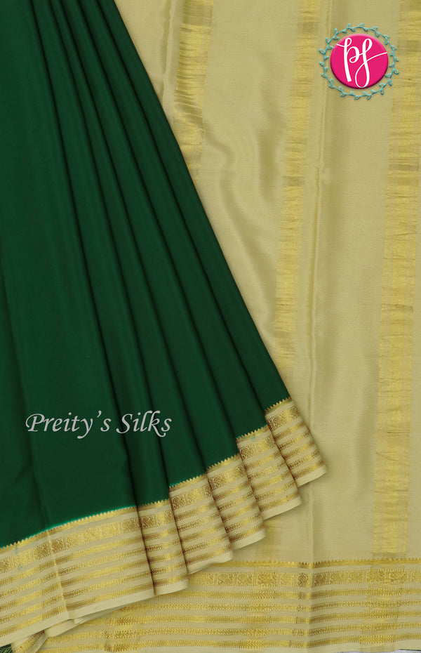 Pure Mysore Crepe Silk Saree-Bottlegreen And Cream-PF66927
