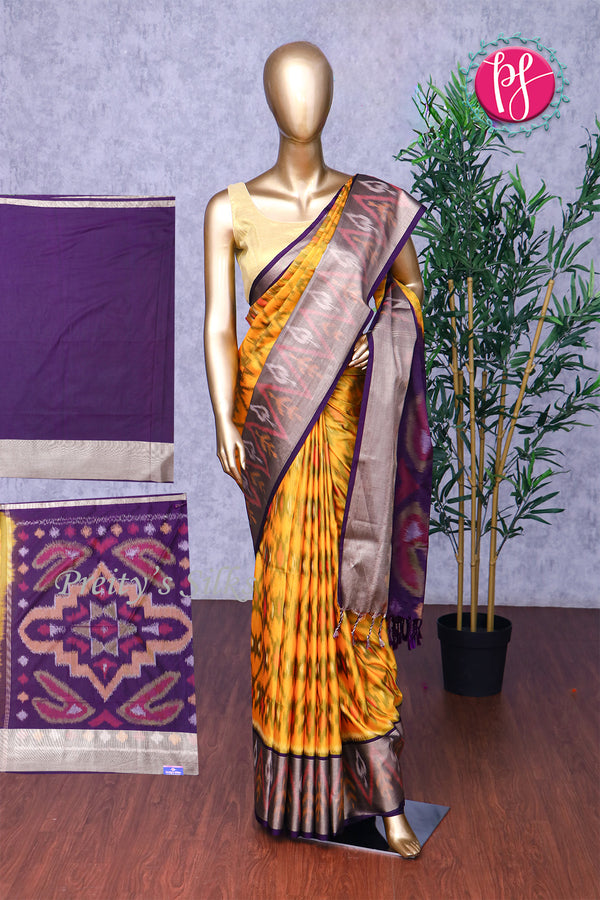 Semi Ikkat Pochampally silk saree-Mustard Yellow And Purple-PA03525