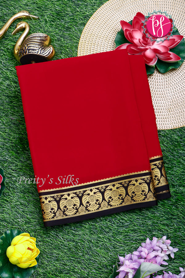 Pure Mysore Crepe Silk Saree-Gandaberunda Border-Red And Black-PA19895