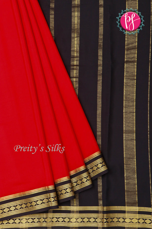 Pure Mysore Crepe Silk Saree-Red And Black-PA19913
