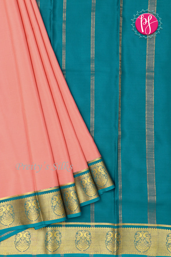Pure Mysore Crepe Silk Saree -Soft Coral And Anandblue-PF86046