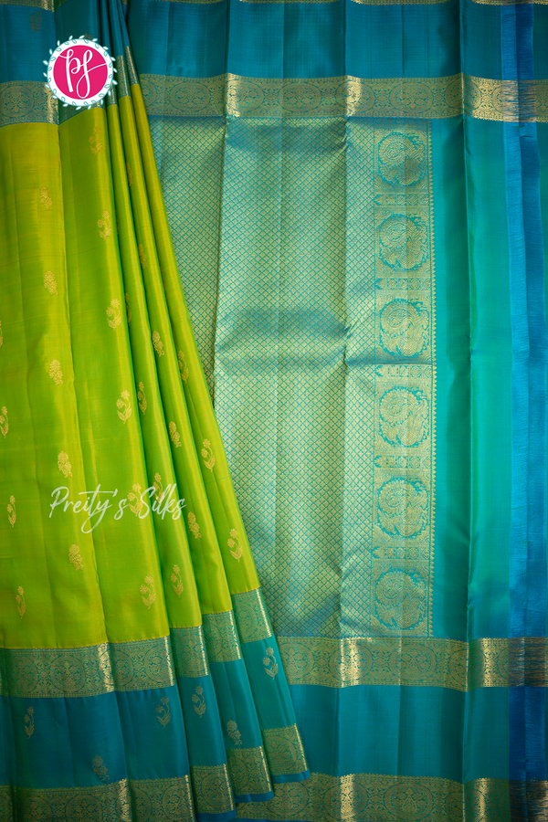 Pure Kanchipuram Silk Saree-Green And Lightblue-PA57106