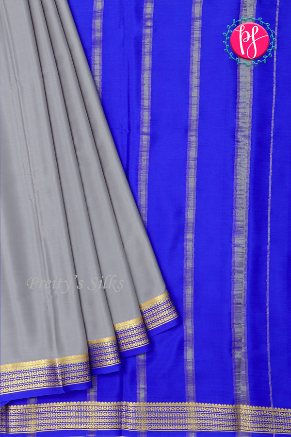 Pure Mysore Crepe Silk Saree-Grey And Royalblue-PA22237