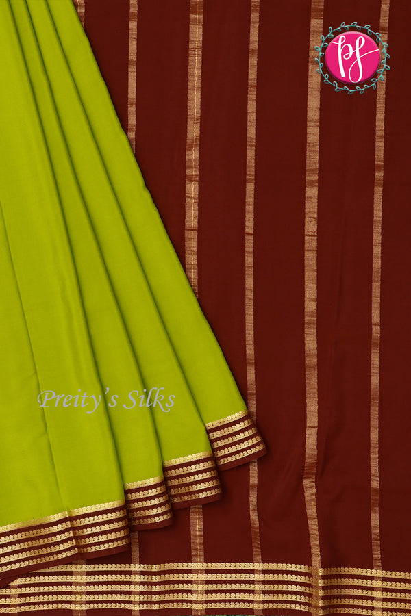 Pure Mysore Crepe Silk Saree-ParrotGreen And DarkBrown-PF79543