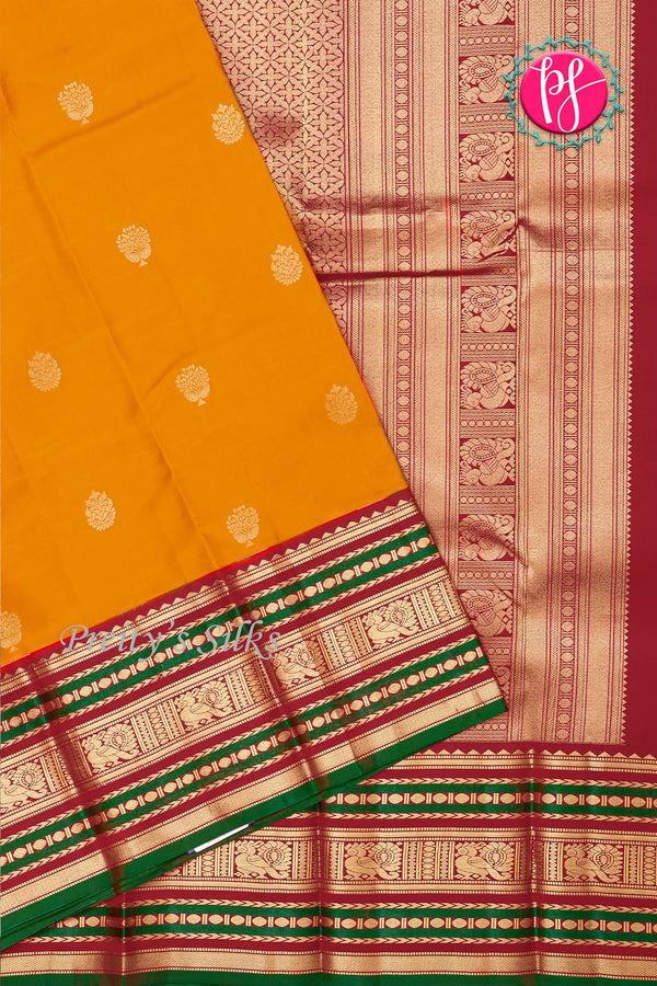 Pure Kanchipuram Silk Saree-Mustardyellow And Red-PA27234