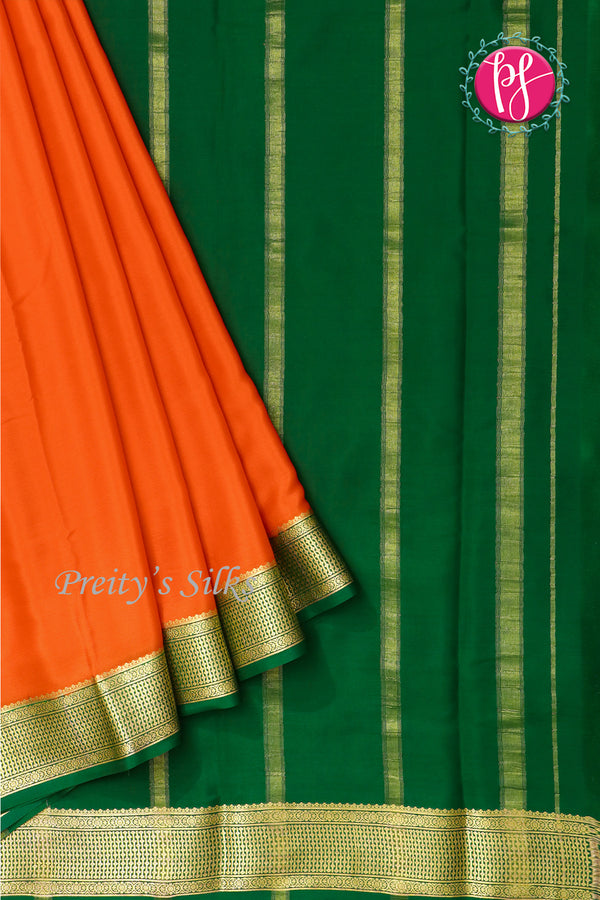 Pure Mysore Crepe Silk Saree -Orange And Bottlegreen-PF82724