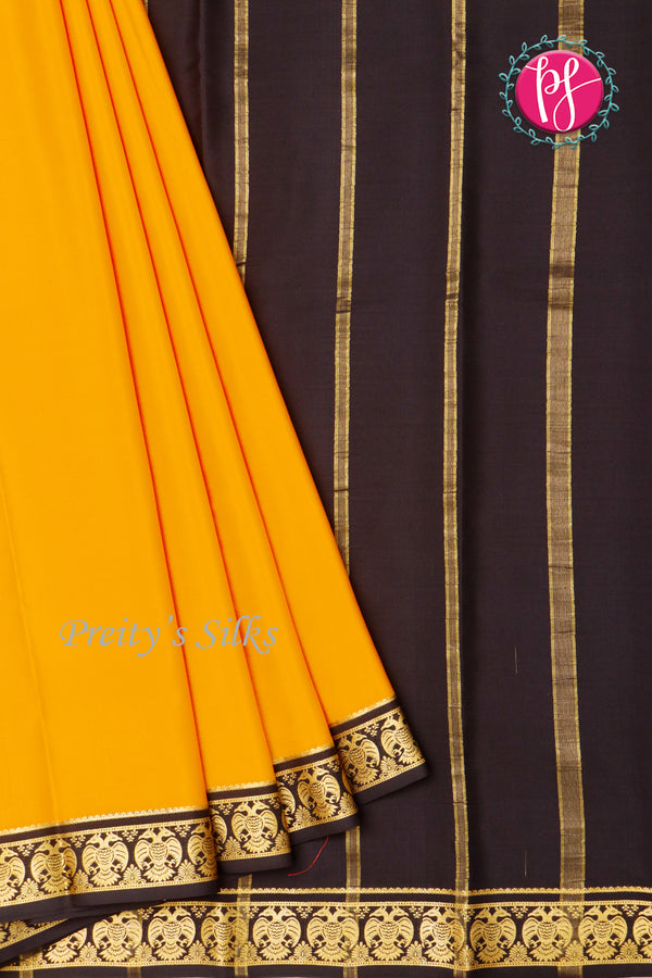 Pure Mysore Crepe Silk Saree-Gandaberunda-Yellow And Black-PA19895