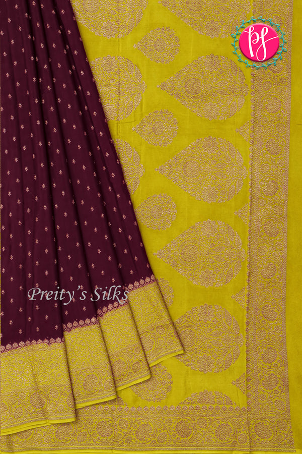 Pure Banarasi Crepe Silk Saree-Deepwine And Mustardyellow-PA22100