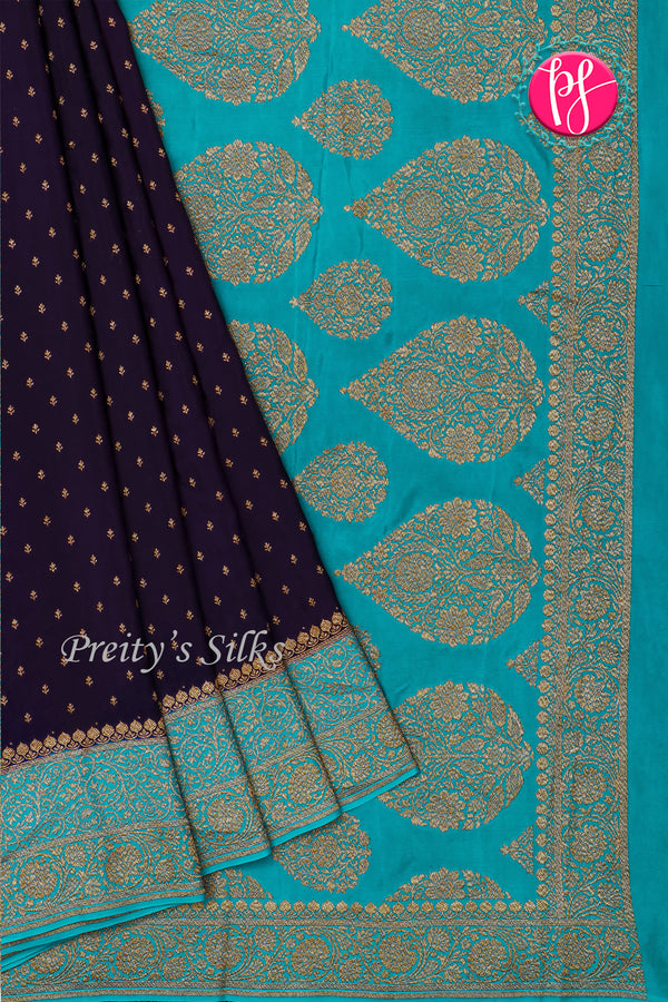 Pure Banarasi Crepe Silk Saree-Navy blue And Skyblue-PA22100