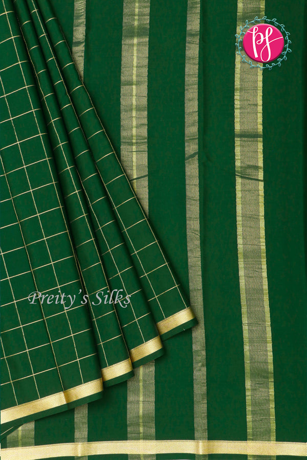 Pure Mysore Crepe Silk Saree (With singlechecks) -Bottlegreen-PA10730