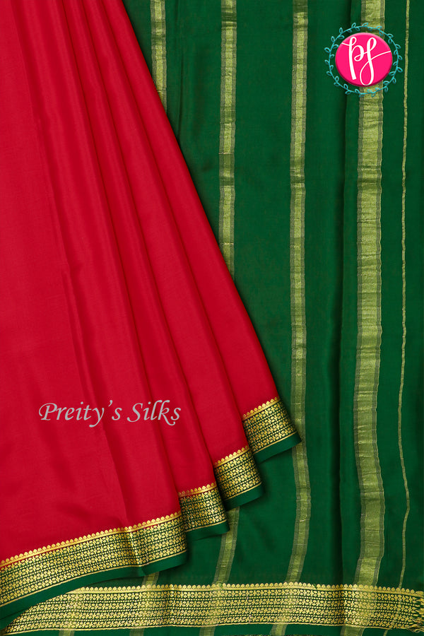 Pure Mysore Crepe Silk Saree-Red And Bottlegreen-PA22237
