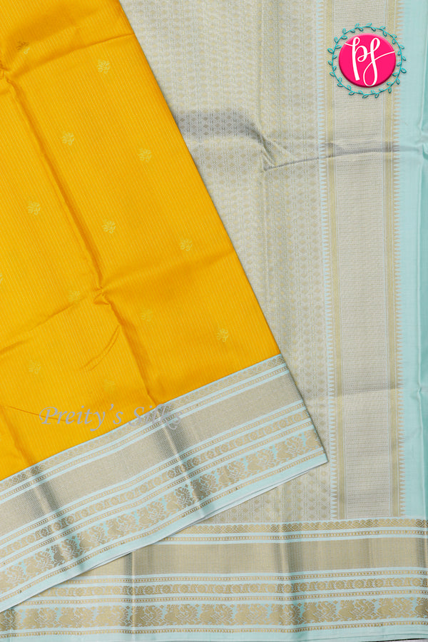 Pure Kanchipuram Silk Saree-Yellow And Iceblue-PA23542