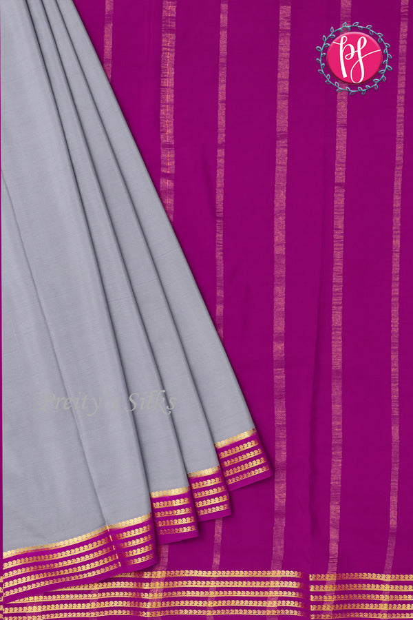 Pure Mysore Crepe Silk Saree -Grey And Purple-PF79543