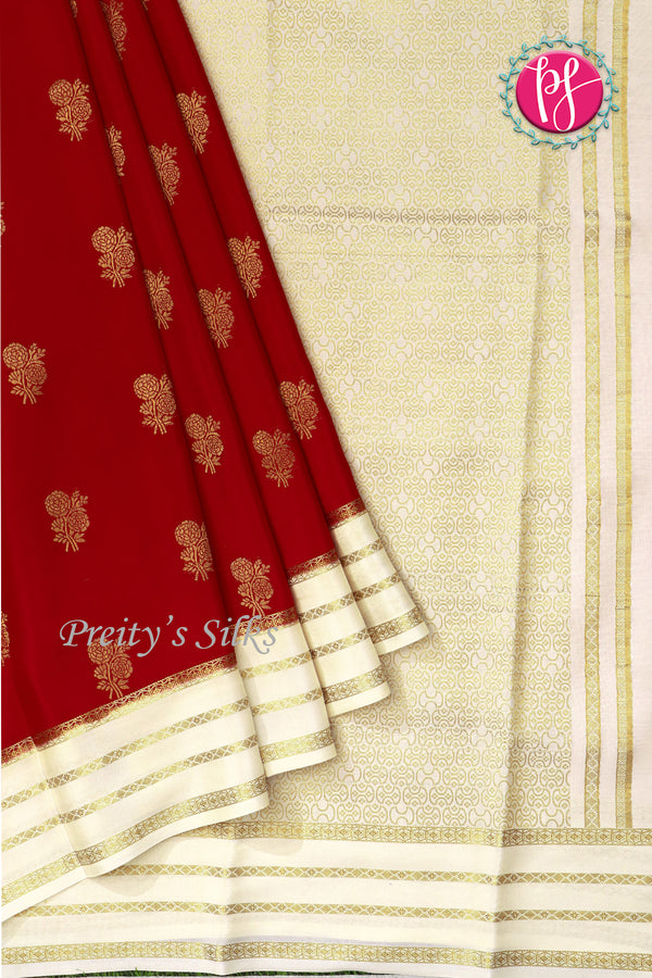 Pure Mysore Crepe Silk Saree -Red And White -PA01187