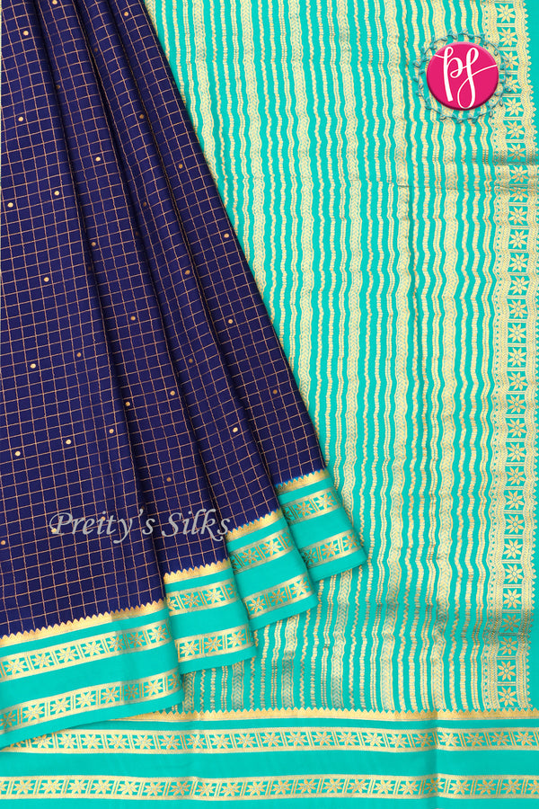 Pure Mysore Crepe Silk Saree -Navyblue And Seagreen-PF86103