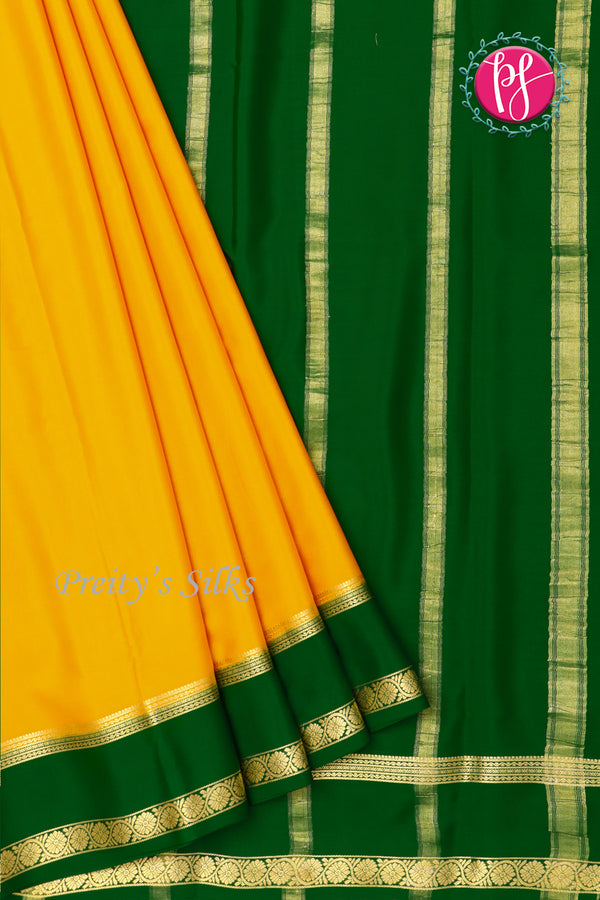 Pure Mysore Crepe Silk Saree -Mustard yellow And Green-PF82480