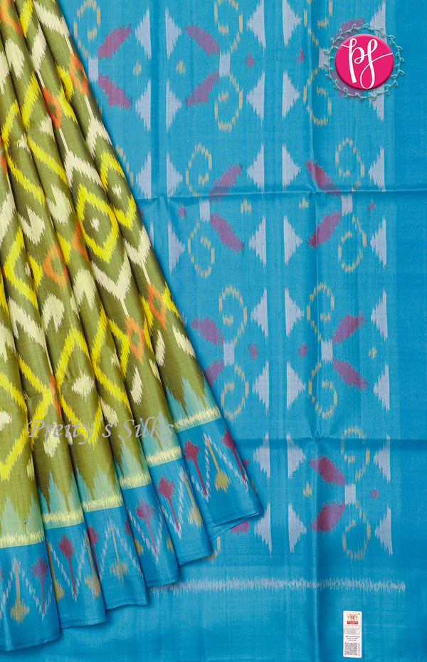 Pure Pochampally Soft Silk saree - Olive Green - Sky Blue-PF38076