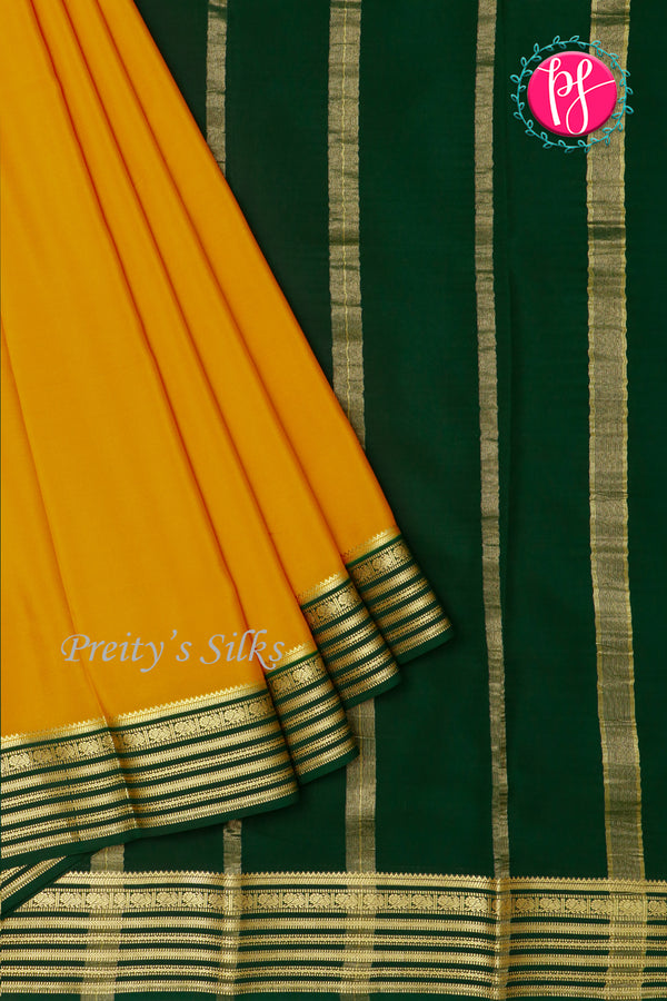 Pure Mysore Crepe Silk Saree -Mustardyellow And Bottlegreen-PF73884