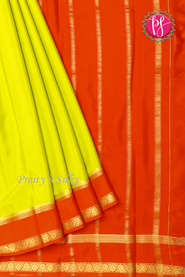 Pure Mysore Crepe Silk Saree -Light Green And Orange-PF82479