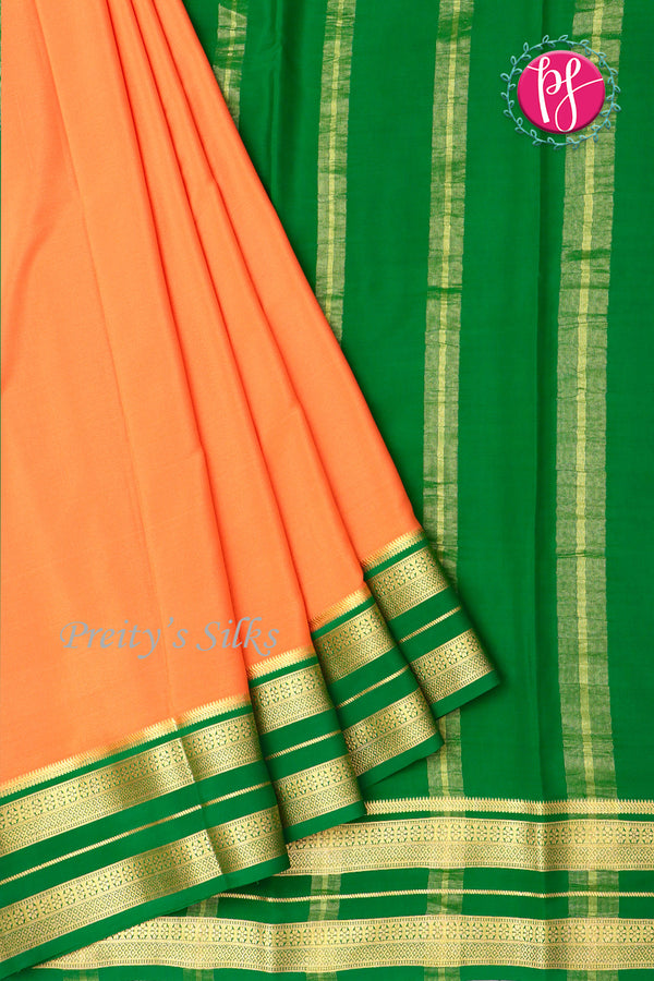 Pure Mysore Crepe Silk Saree-Marigold orange And Green-PA19929