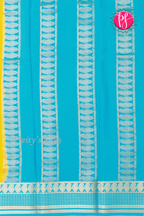 Pure Mysore Crepe Silk Saree-Yellow And Skyblue-PA26566