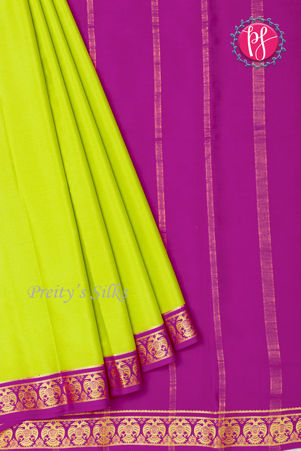 Pure Mysore Crepe Silk Saree-Gandaberunda Border-Lime Green And Purple-PA19895