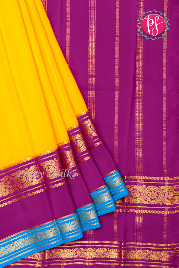 Pure Mysore Crepe Silk Saree -Yellow And Purple skyblue-PA01233