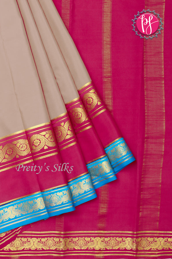 Pure Mysore Crepe Silk Saree-Muted Clay And Pink And skyblue-PA86236