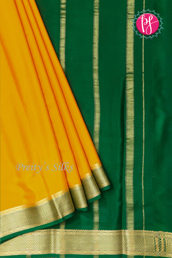 Pure Mysore Crepe Silk Saree -Mustard Yellow And Bottlegreen-PF82724
