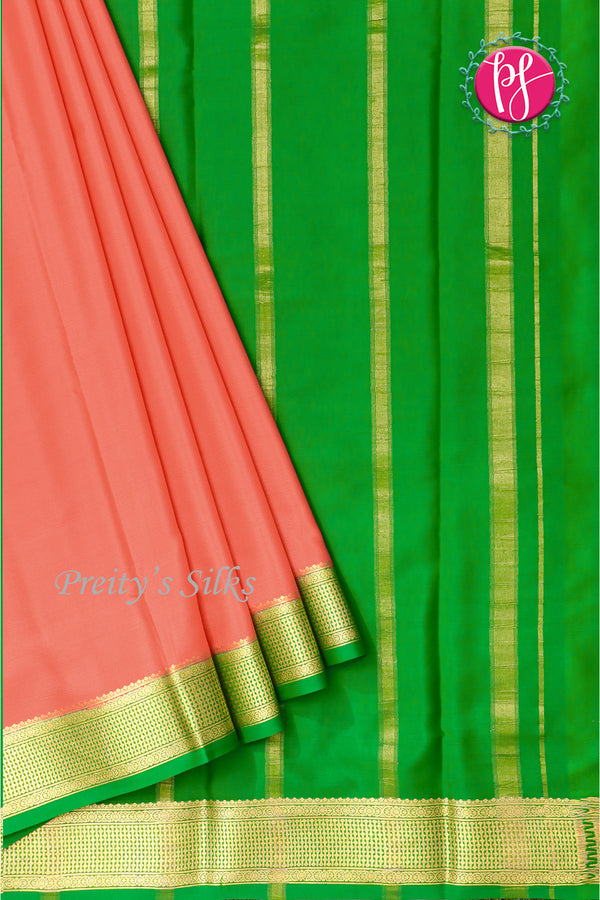 Pure Mysore Crepe Silk Saree -Coral Pink And Parrotgreen-PF82724