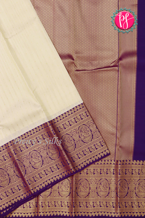 Half Pure Kanchipuram Silk Saree-White And Purple-PA25826