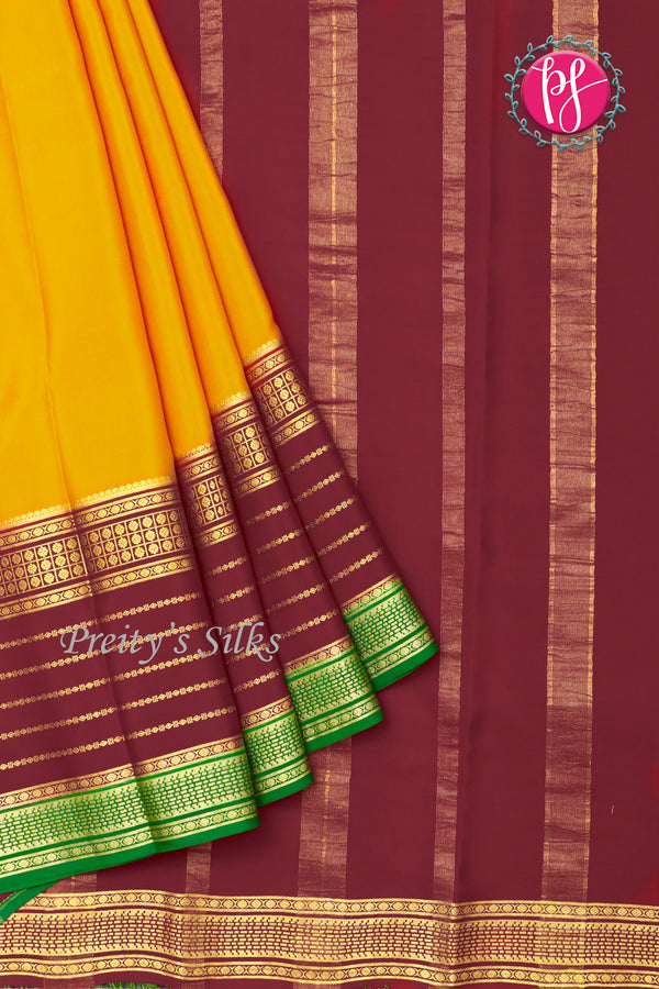 Pure Mysore Crepe Silk Saree -Yellow And Marron Green-PA01208