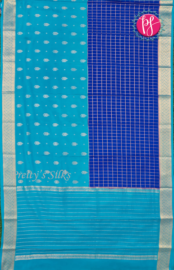 Pure Mysore Crepe Silk saree-Half And Half Pattern-Royalblue And Lightblue-PF60730