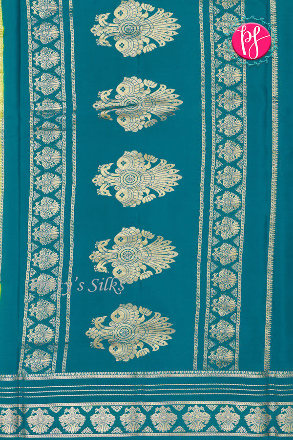 Pure Mysore Crepe Silk Saree-Olivegreen And Tealblue-PeacockBorder-PA26542