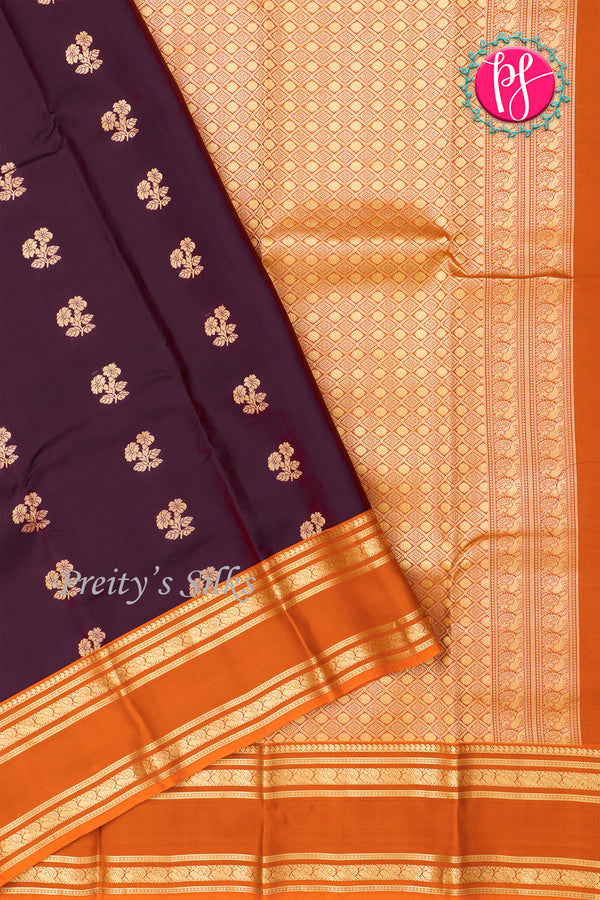 Half Pure Kanchipuram Silk Saree-Dark Plum And Rustorange-PA35211