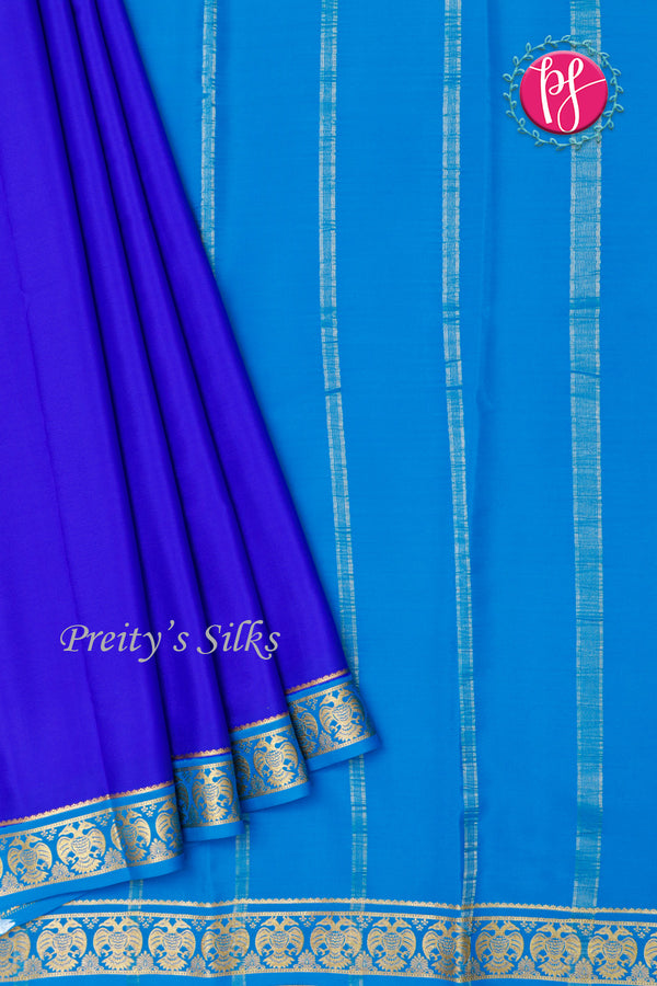 Pure Mysore Crepe Silk Saree-Gandaberunda Border-Royalblue And Lightblue-PA19895