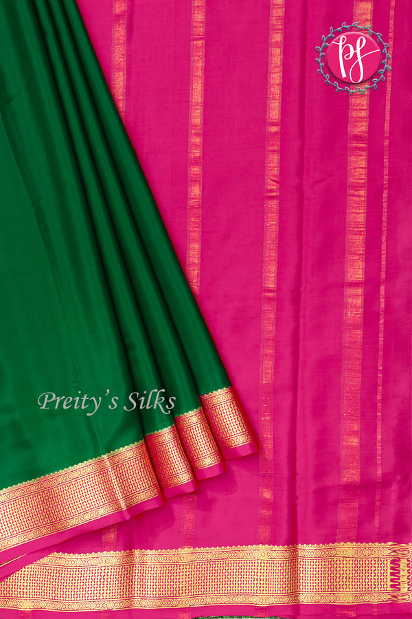 Pure Mysore Crepe Silk Saree -Bottlegreen And Pink-PF82724