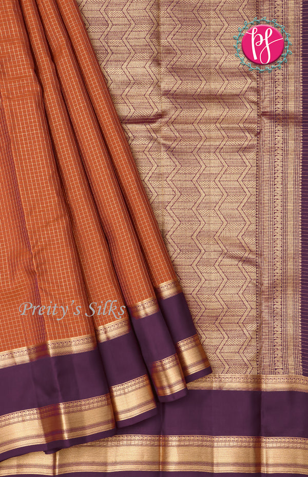 Half Pure Kanchipuram Silk Saree-Rust Orange with Deep Purple-PF68724