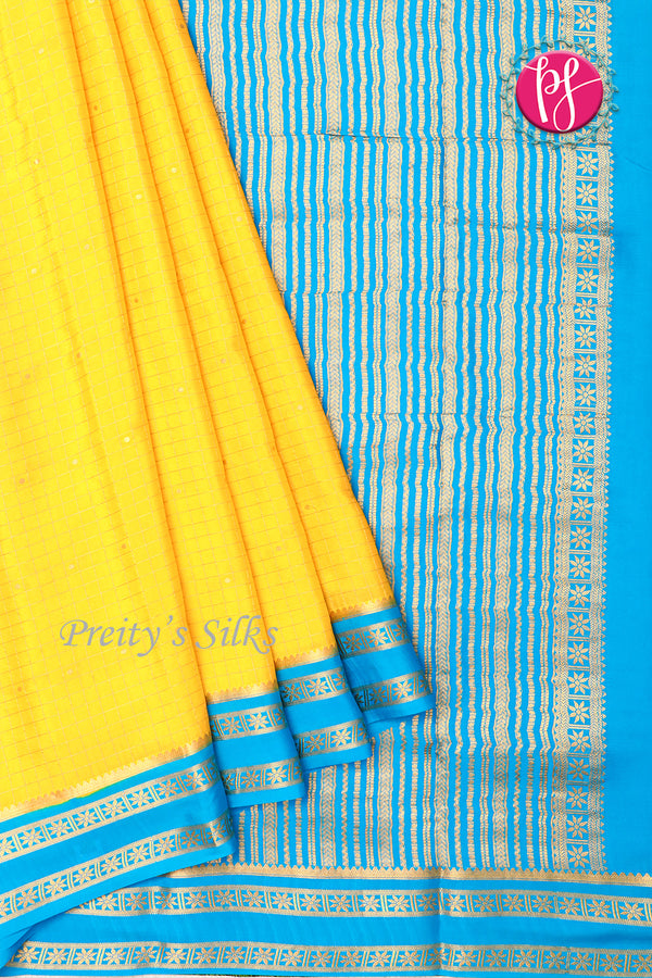 Pure Mysore Crepe Silk Saree -Yellow And Skyblue-PF86103