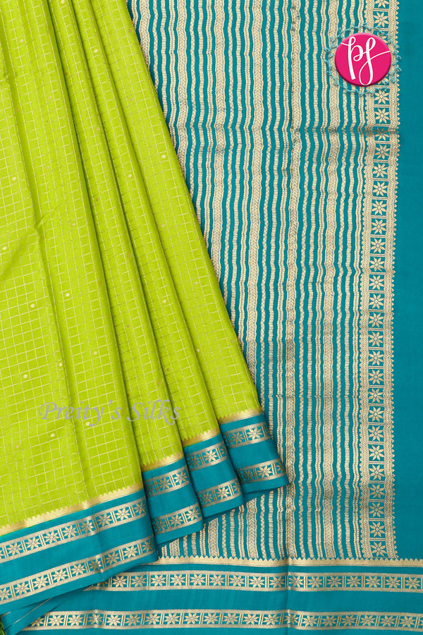 Pure Mysore Crepe Silk Saree -Lime green AndTealblue-PF86103