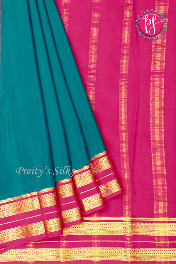 Pure Mysore Crepe Silk Saree-Teal Blue And Pink-PA19929