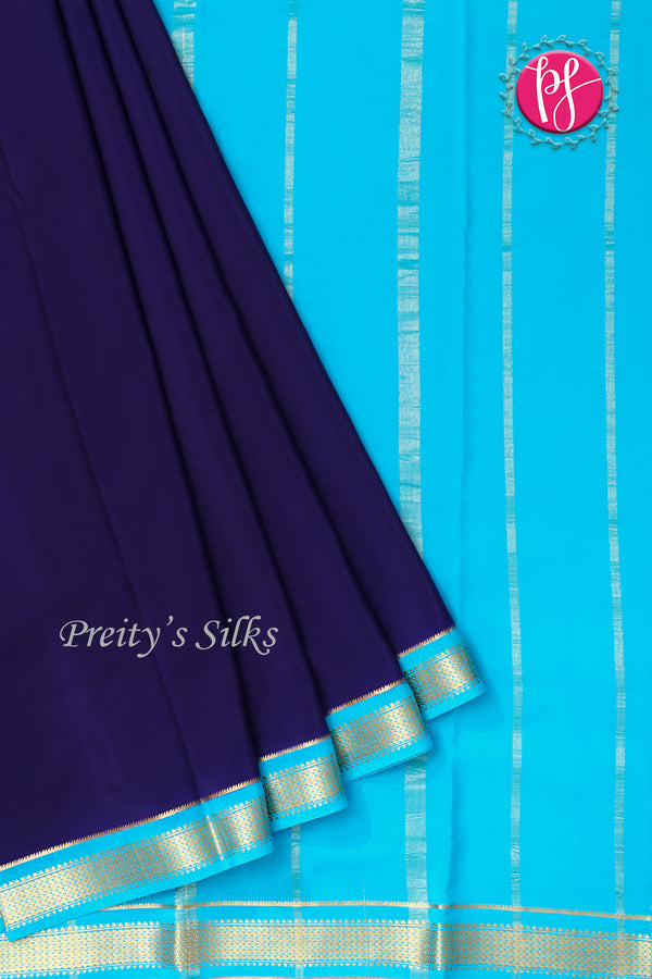 Pure Mysore Crepe Silk Saree -Navyblue And Skyblue-PA10650